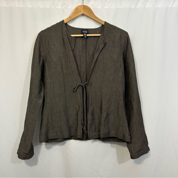 Eileen Fisher Long Sleeve Linen Lagenlook Tie Front Cardigan - Picture 1 of 8